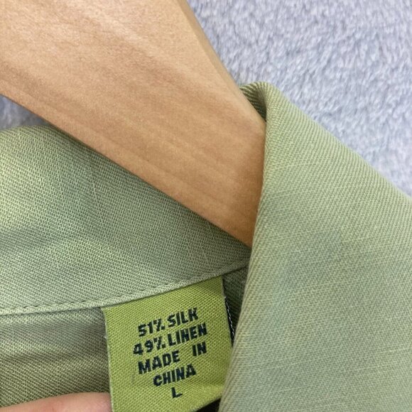 IZOD Button Up Washable Silk Linen Blend Shirt Mens Large L Green Short Sleeve - Picture 4 of 14